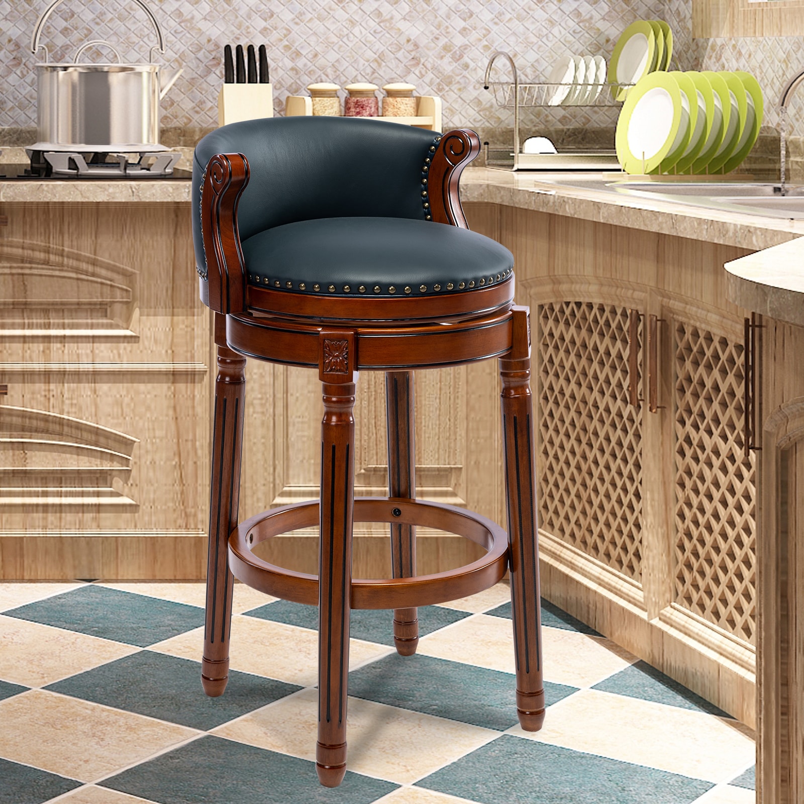 Seat height 29.5'' Cow top Leather Wooden Bar Stools, 360 Degree Swivel Bar Height Chair with Backs for Home Kitchen Counter